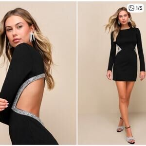 NWOT Lulus Sparkling Stunner Black Rhinestone Cutout Long Sleeve Mini Dress, S